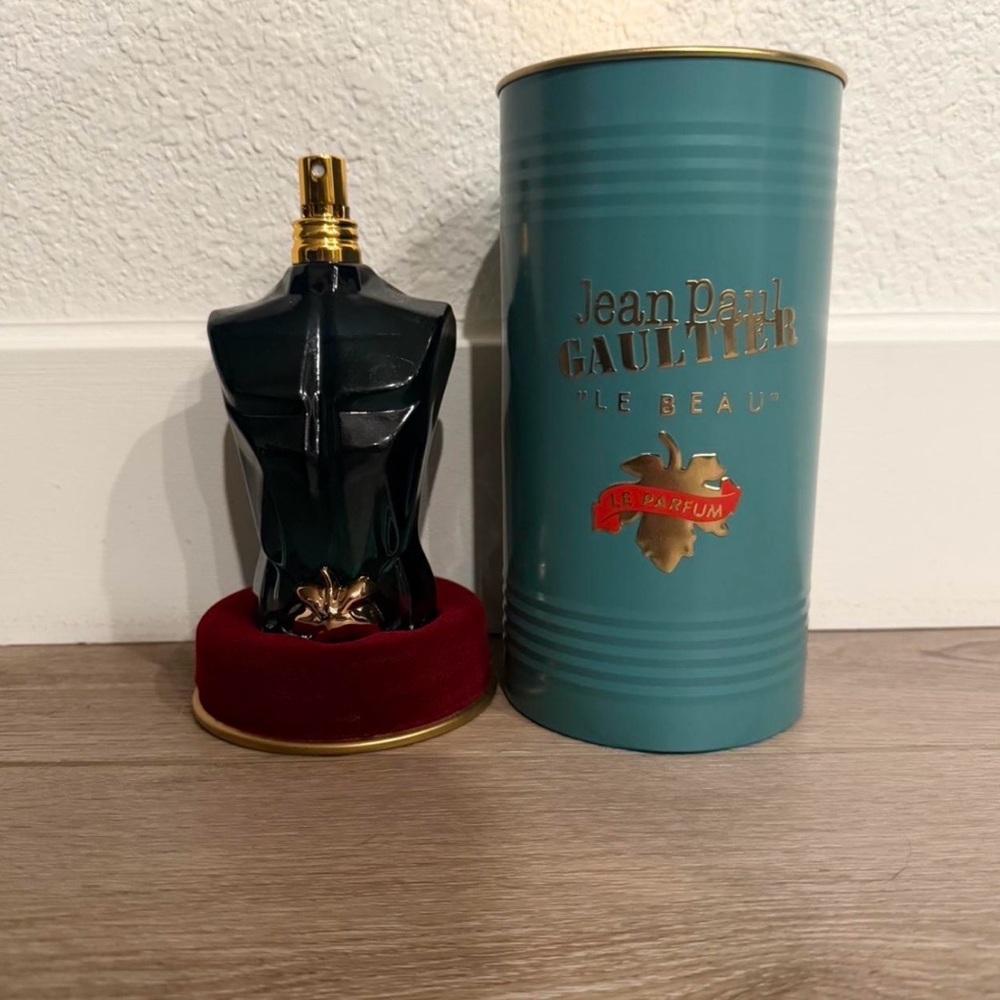 Jean Paul Gaultier Le Beau Black & Gold Torso Perfume Bottle with Teal Tin